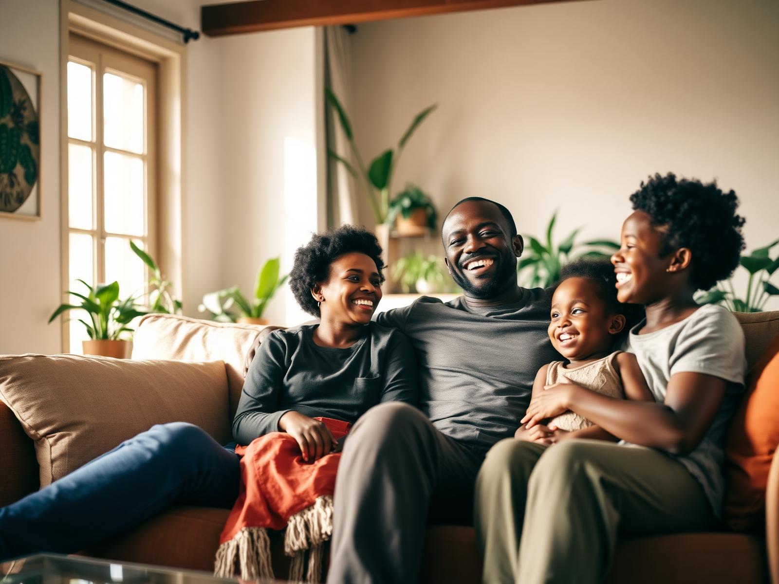 A Black family — parents and two children — laughing together on a sofa in a sunlit living room