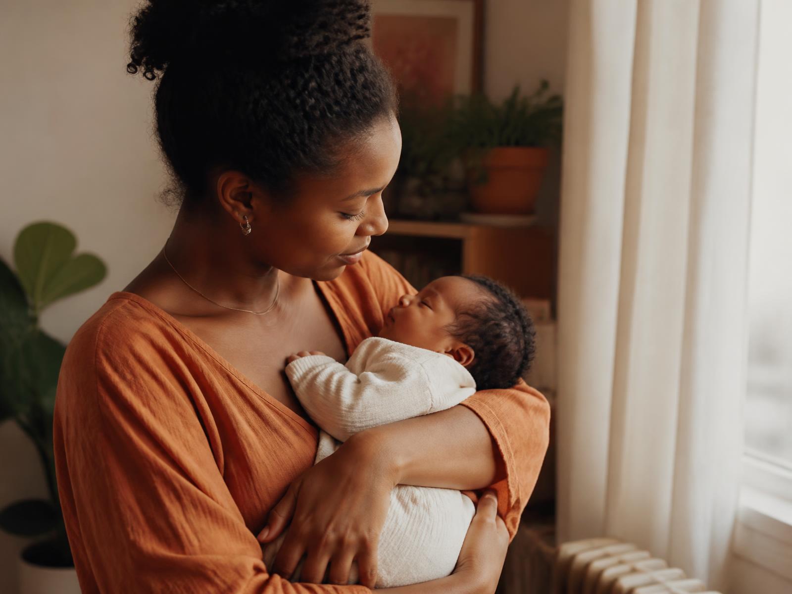 A new mother holding her sleeping newborn in a softly lit room